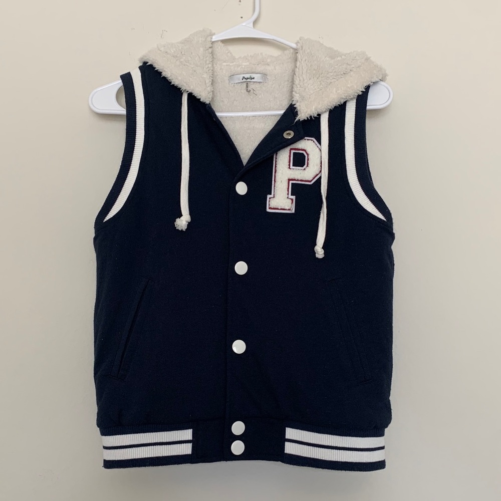 Papaya Sleeveless Varsity Sherpa Hooded Vest